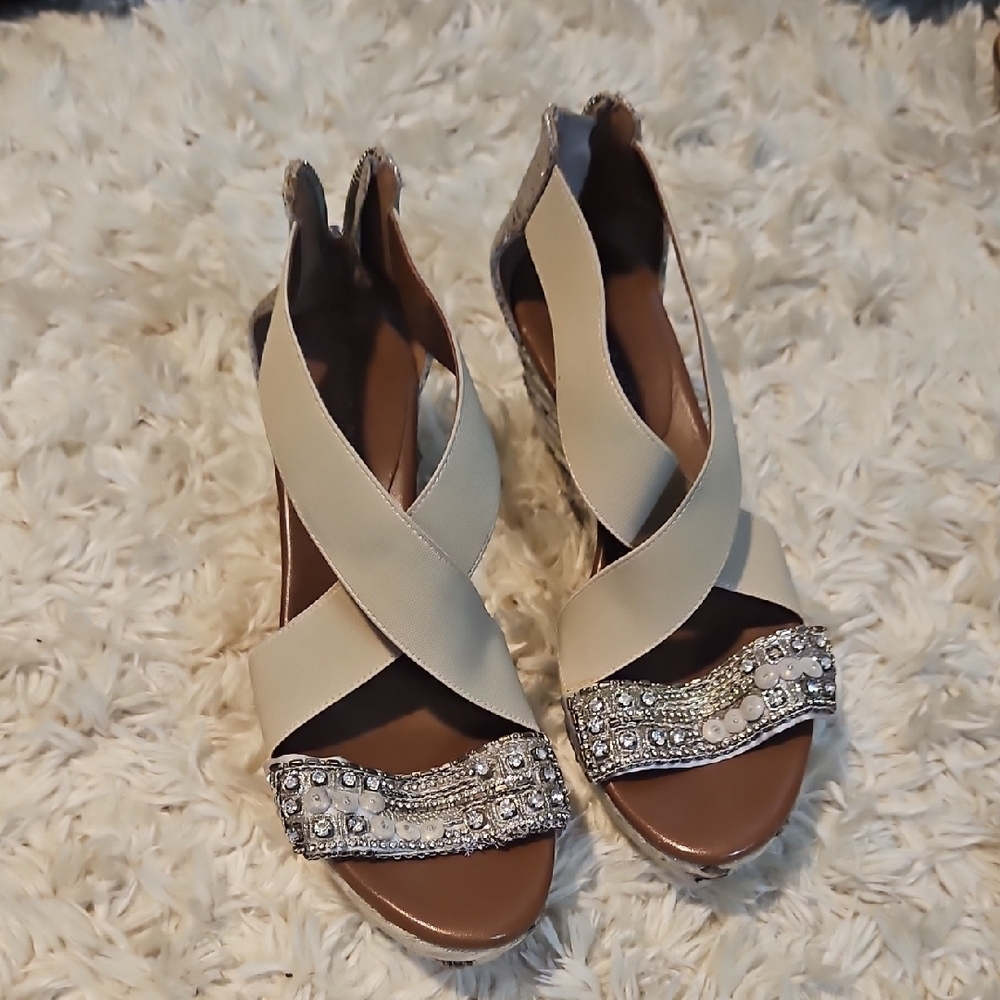 Donald J. Pliner Cream and Tan Embellished Heels